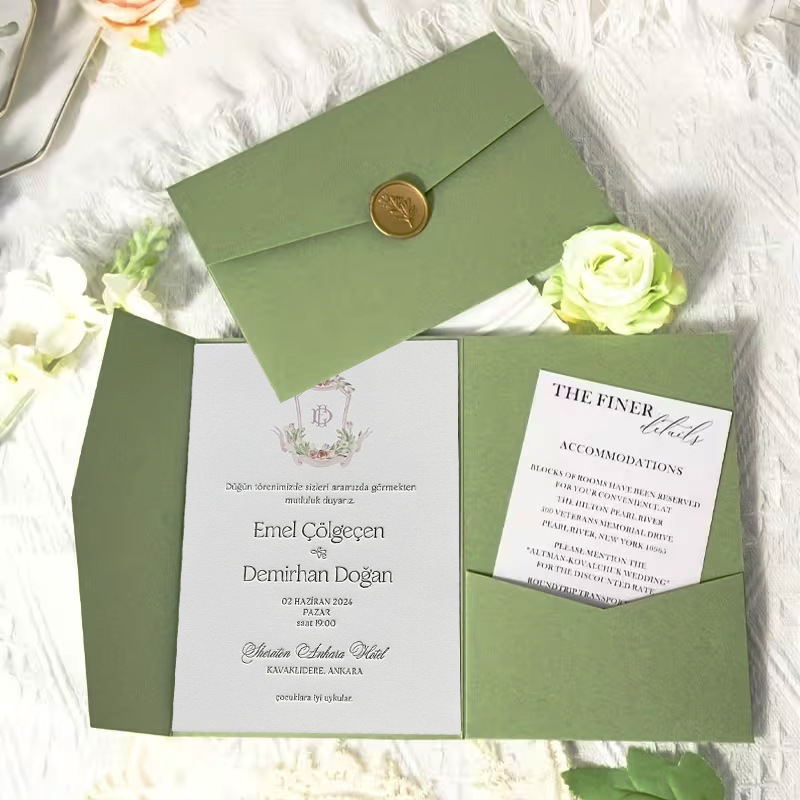 Wax Seal Letter Kit - 10 ピース/ロット三つ折り封筒グリーン 18 × 13 センチメートル結婚式招待状はがきギフトボックスバッグ包装収納高級