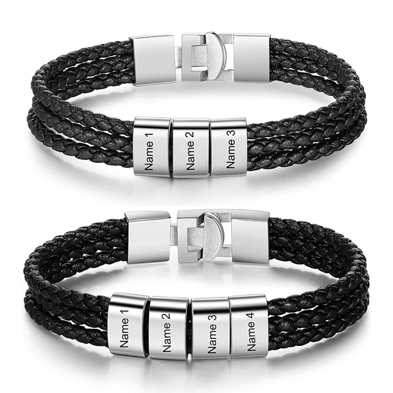 Coordinates Bracelet - カスタム男性ブレスレット名前刻印ブレスレット男性用 Personalzied 編組レザーブレスレット男性用父の日ブレスレット